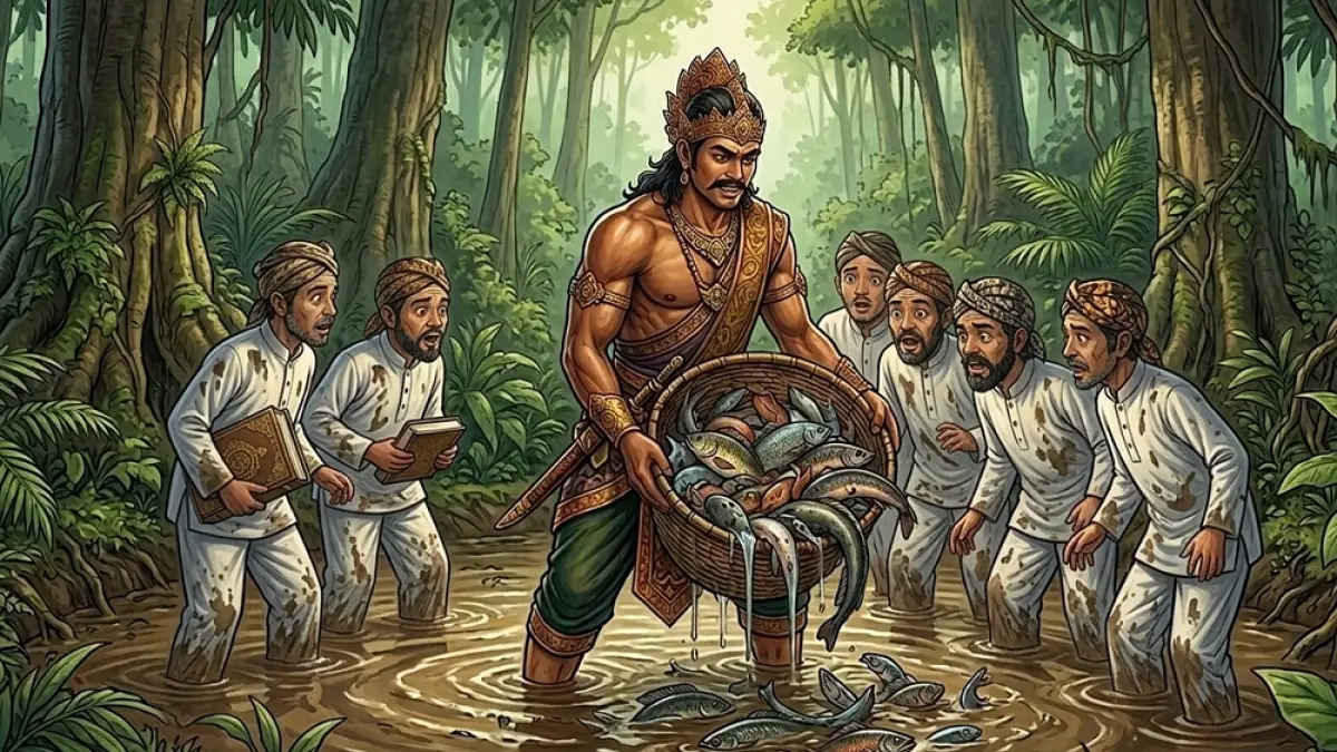 Saridin menangkap ikan di kubangan. (GEMINI AI/ABDUL ROCHIM/RADAR PATI)