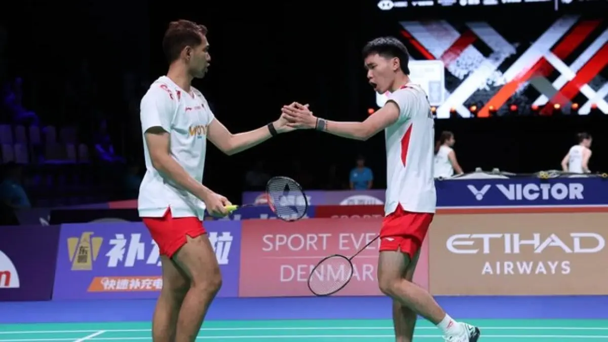 Fajar Alfian dan Joaquin berlaga dalam perebutan Thomas Cup di Horsense, Denmark. (PBSI)