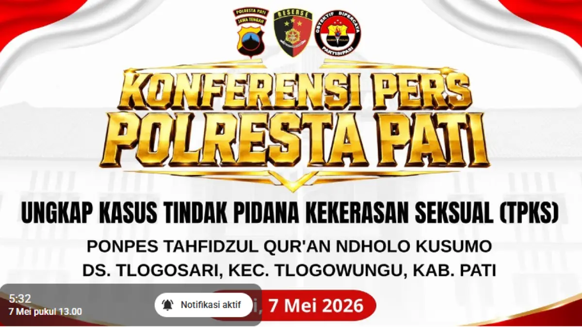 Polresta Pati menggelar konferensi pers ungkap kasus pencabulan Ponpes Ndholo Kusumo Pati, 7 Mei 2026 pukul 13.00 WIB.