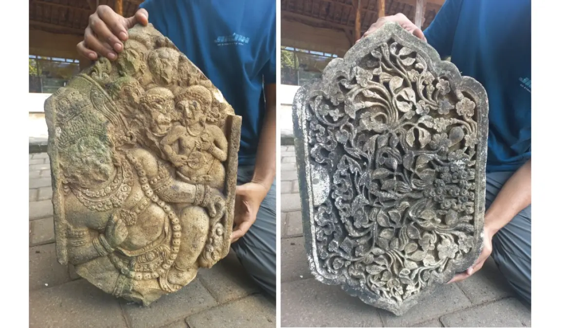 BERSEJARAH: Tim penyelamatan dan pengamanan dari BPK Jateng mengukur ornamen bermotif kalabhairawa dan sulur, di Desa Kriyan, Kalinyamatan, Jepara, kemarin. Insert; batu bermotif kalabhairawa dan sulur. (FOTO-FOTO: BPK JAWA TENGAH UNTUK RADAR PATI)