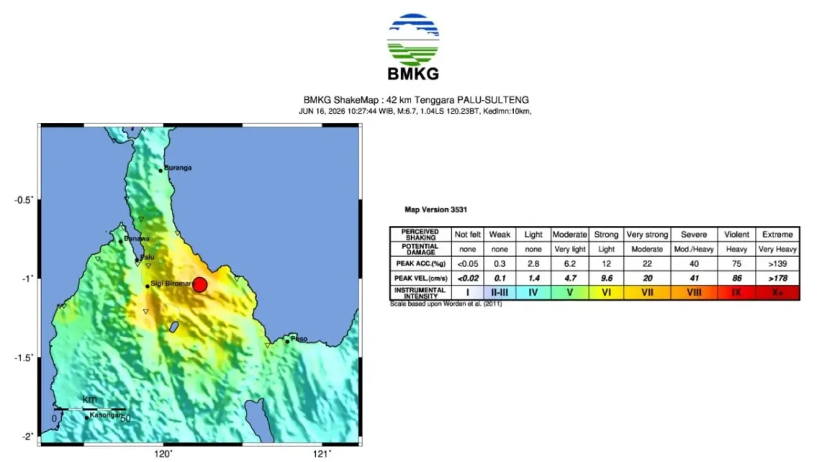 Peta gempa yang mengguncang Sulawesi Tengah, Selasa (16/6). 