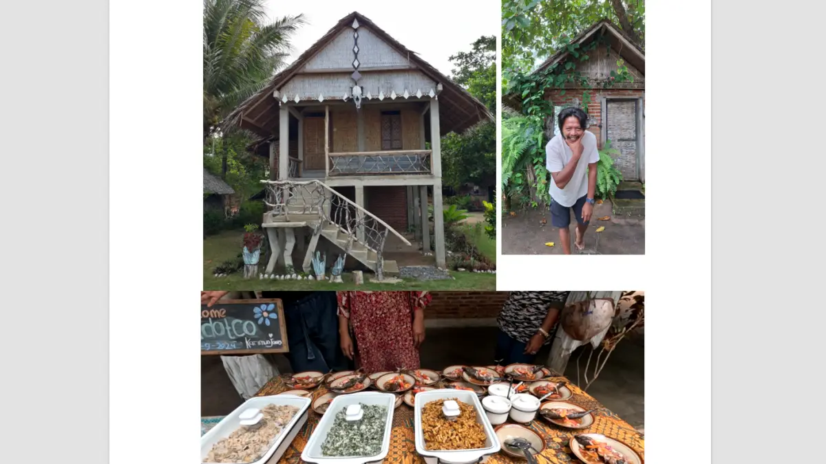 Tampak fasad depan rumah bubu dengan desain tradisional semi modern (kiri atas). Menu-menu dengan bumbu dan resep tradisional ala Bunga Jabe (bawah). David Burhan (kanan atas). (BUNGA JABE UNTUK RADAR PATI)