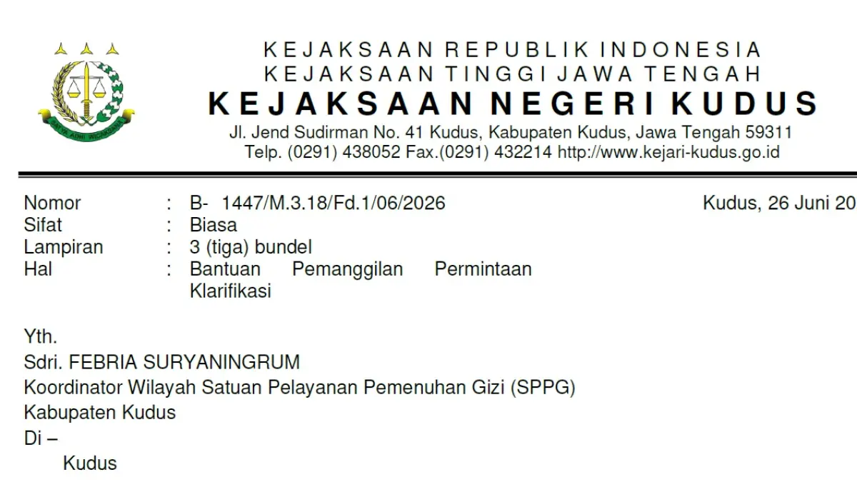 Contoh surat klarifikasi Kejari Kudus kepada mitra SPPG. (ist)