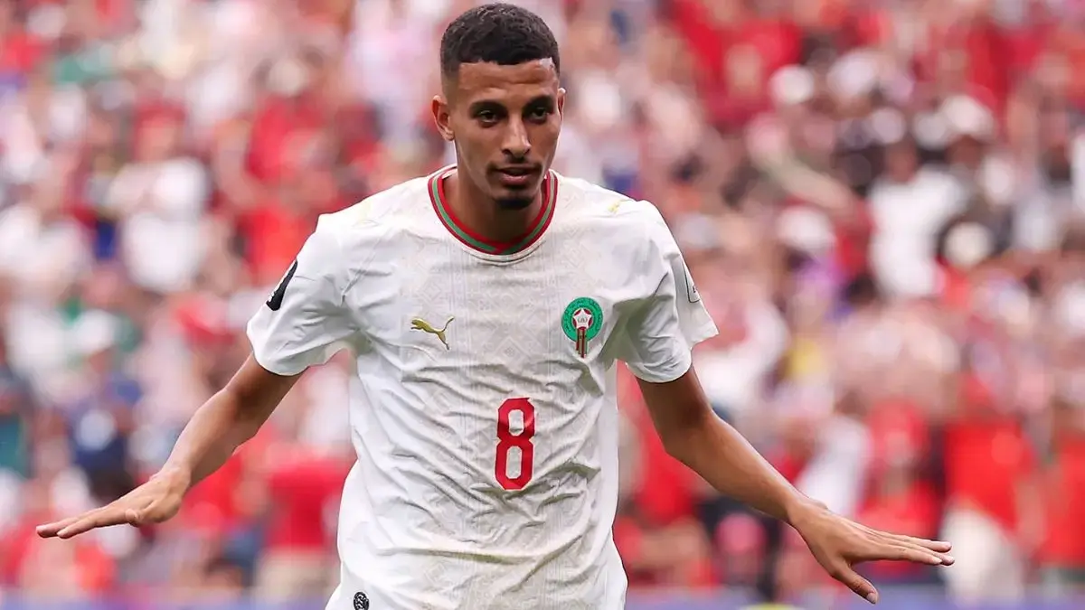 Azzedine Ounahi merayakan gol setelah membawa Maroko menang 3-0 atas Kanada dan lolos ke perempat final Piala Dunia 2026. (Instagram @equipedumaroc)
