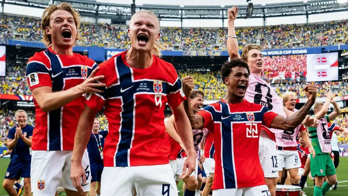 Penyerang timnas Norwegia Erling Haaland berselebrasi usai menaklukkan Brasil. (Instagram/@herrelandslaget)