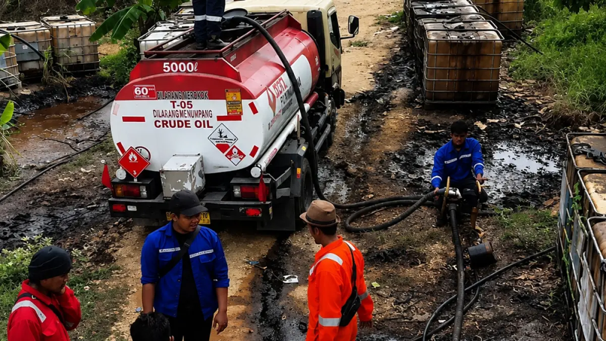 
MENGUNTUNGKAN: Pekerja di sumur minyak rakyat Desa Plantungan, Kota, Blora, saat mengisi ke truk tangki. (EKO SANTOSO/RADAR PATI)
