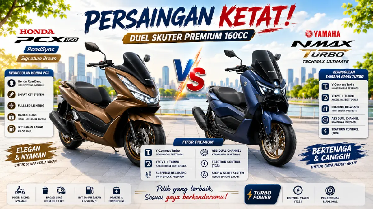 Mana yang menurut anda lebih unggul, Honda PCX 160 RoadSync 2026 atau NMAX Turbo Ultimate?. (AI)