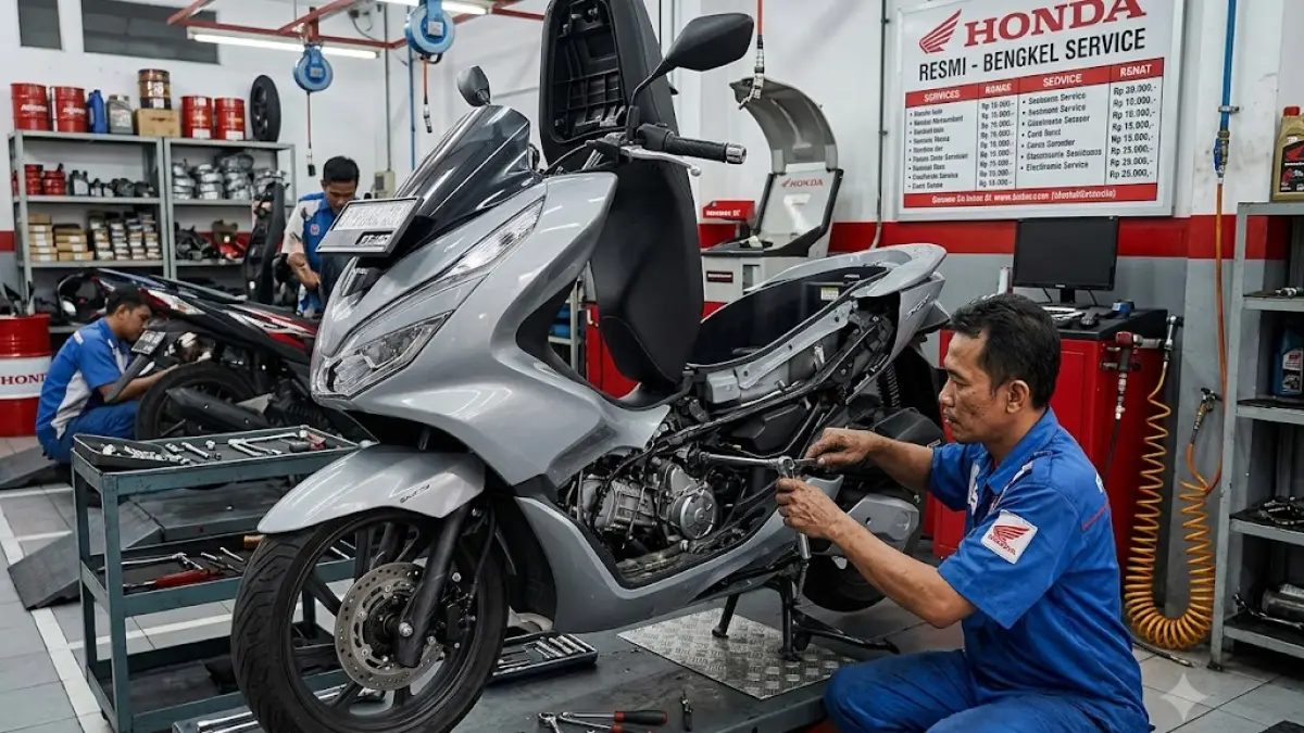 Motor Honda PCX sedang diperbaiki. (AI?ABDUL ROCHIM)