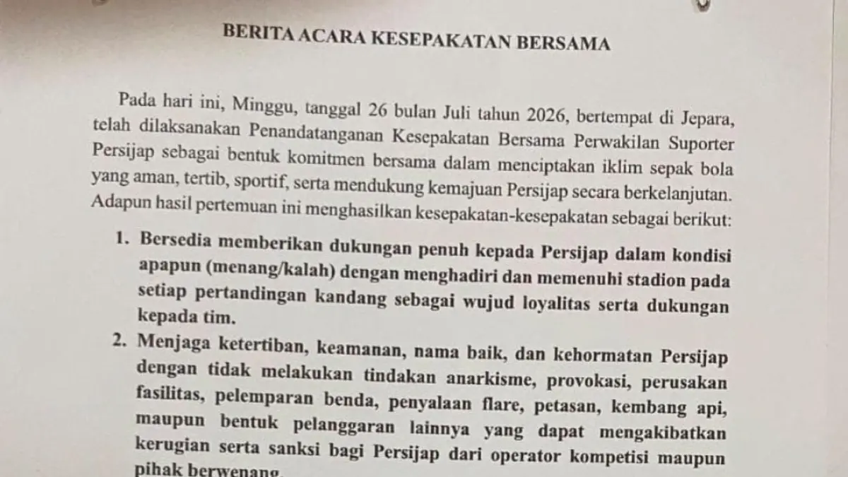 Surat berita acara kesepakatan suporter Persijap Jepara untuk menciptakan iklim sepakbola yang kondusif. (DOK. Ist)