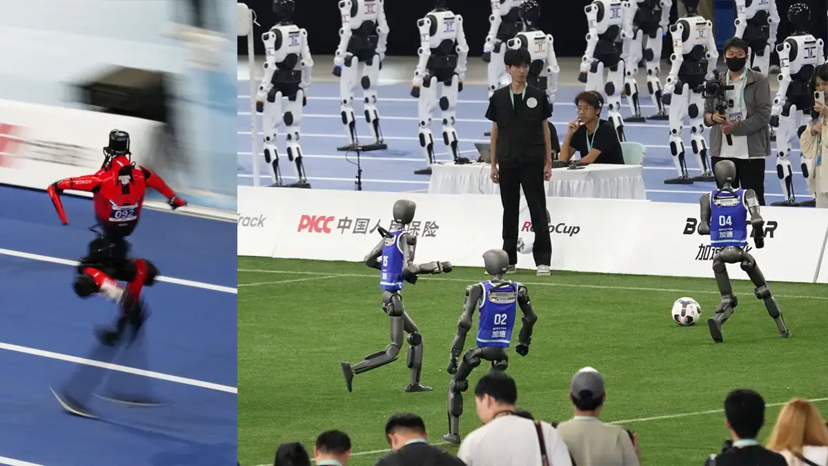 Kiri: Robot-robot beradu cepat dalam lomba lari 400 meter pada World Humanoid Robot Games di Beijing, 22 Agustus 2026. Kanan: Robot-robot bermain sepak bola dalam pertandingan ekshibisi. (Kyodo)

