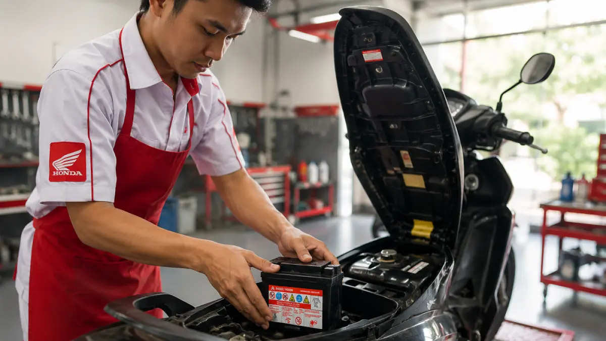 Menyervis aki motor. (AI/ABD. ROCHIM)