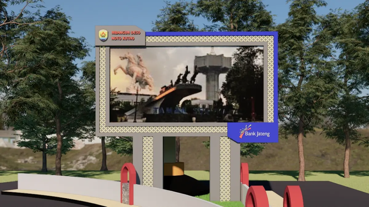 DESAIN VIDETRON – Gambar desain bangunan videotron di kawasan Jalan S Parman sebelah Taman Segi Tiga Emas Purwodadi.  (DLH UNTUK RADAR PATI)