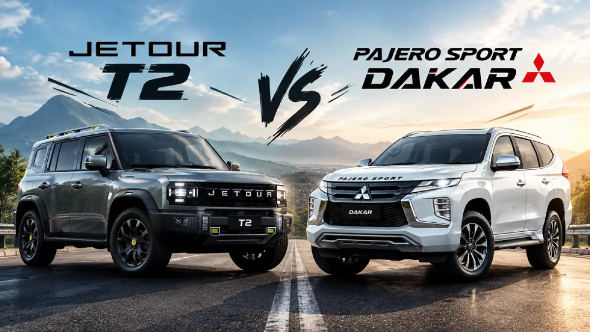 Jetour T2 dibandingkan dengan Mitsubishi Pajero Sport Dakar. (DOK Ist./AI/ABD ROCHIM)