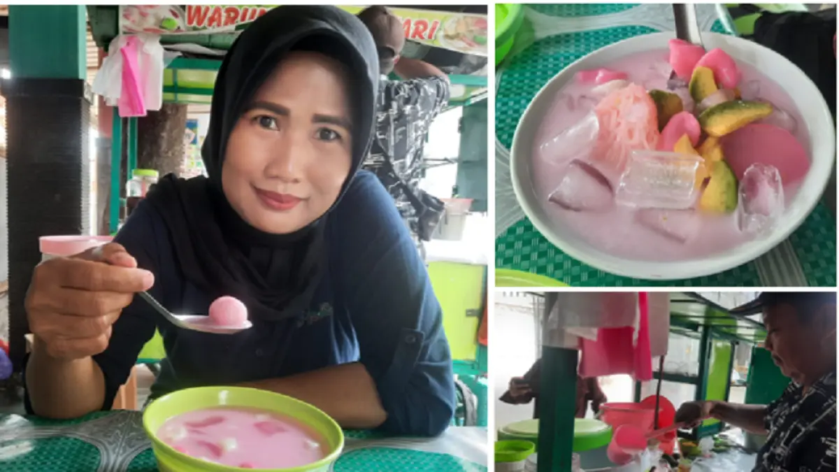 MINUMAN LEGENDARIS: Es gempol pleret Pak War di Kudus memiliki rasa kuah gurih manis segar. Sedangkan gempolnya kenyal. (INDAH S/RADAR PATI)