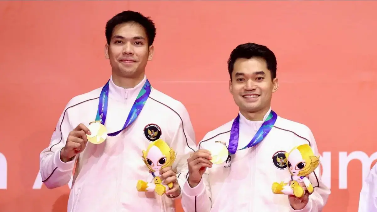 Ganda putra bulutangkis Indonesia Leo Rolly/Daniel Martin sumbang medali emas Asian Games 2026. (PBSI)