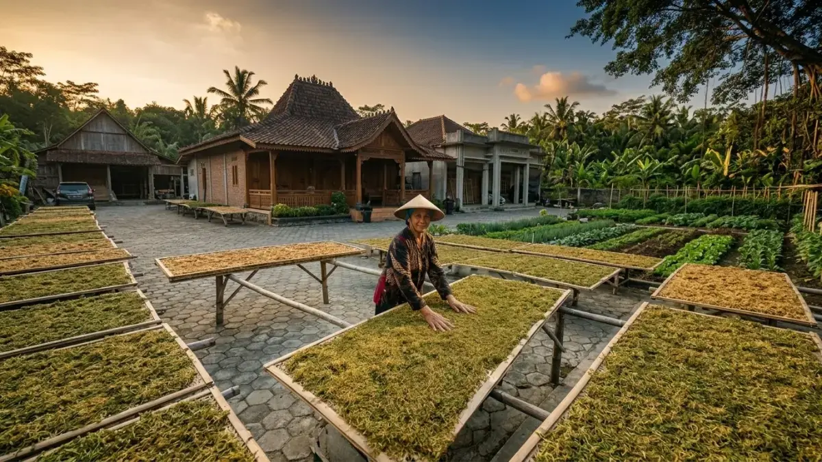 JEMUR TEMBAKAU: Petani di Sumber, Rembang, mengeringkan tembakau sebelum dikirim ke mitra. (ALI MAHMUDI/RADAR PATI)