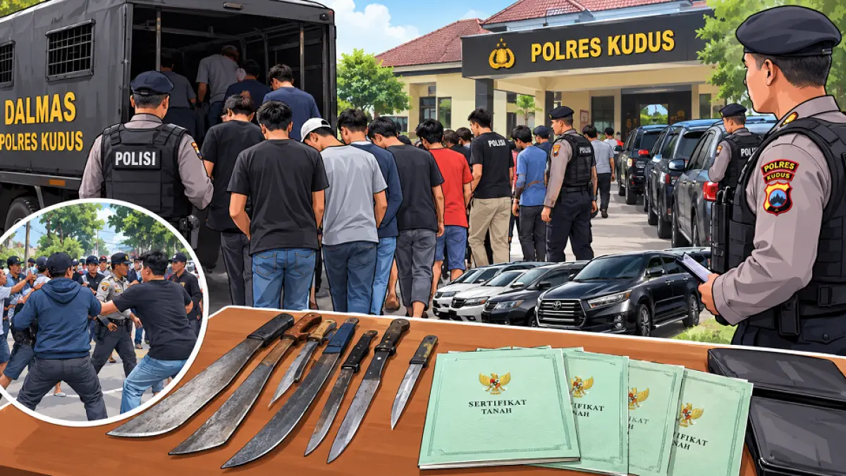 Ilustrasi bentrokan warga Kudus dengan debt collector. (AI/ABD. ROCHIM)