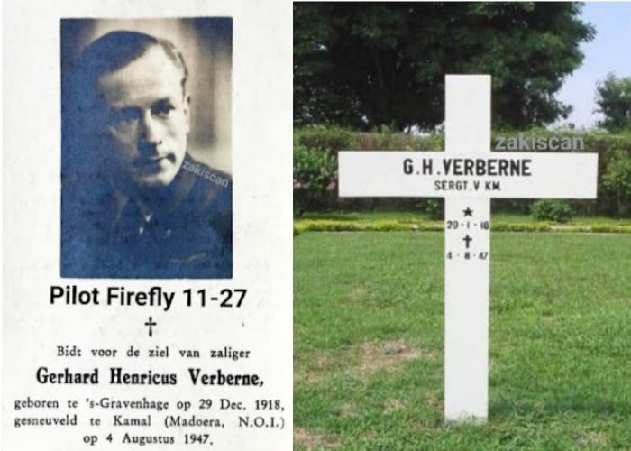 Makam Gerhard Henricus Verberne sang pilot pesawat tempur Belanda jenis Fairey Firefly Mk1 yang berhasil di tembak jatuh di Socah Bangkalan. (kolase pulaumadura.com)