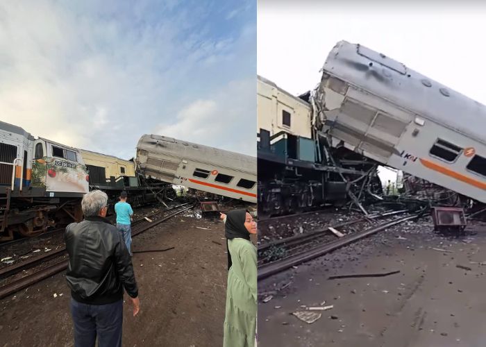 KA Turangga dan KA Lokal Bandung mengalami kecelakaan di petak jalur Stasiun Cicalengka di Kecamatan Cicalengka, Kabupaten Bandung, Jawa Barat, pada hari Jumat, (5/1/2023)