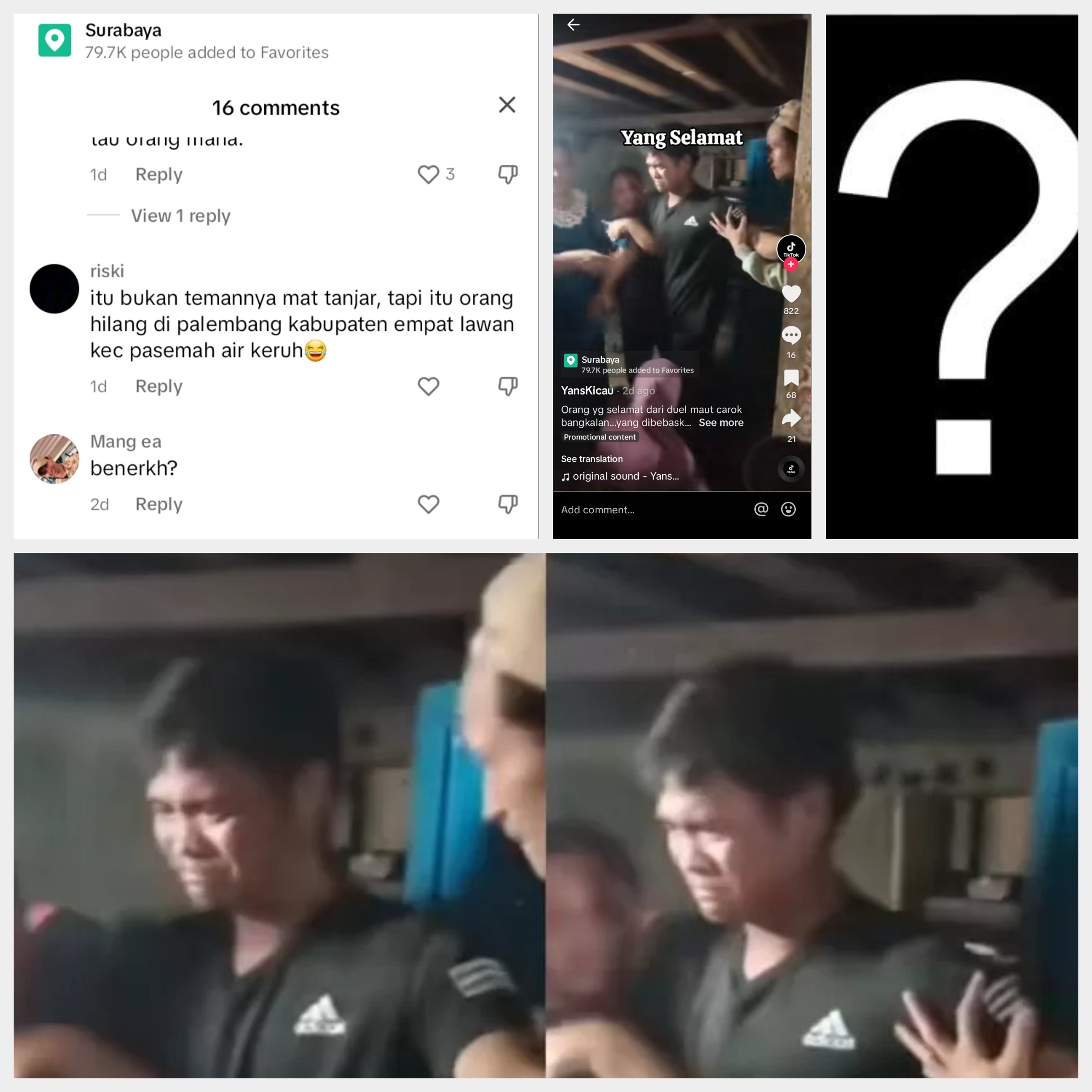 Heboh, sosok pria berbaju hitam dianggap wajah korban selamat carok maut hasan tanjung vs mat tanjar cs yang tampil ke publik beredar di media sosial Tiktok.(Kolase RadarBangkalan.id/Akun Tiktok @YansKicau,@aga_1922)
