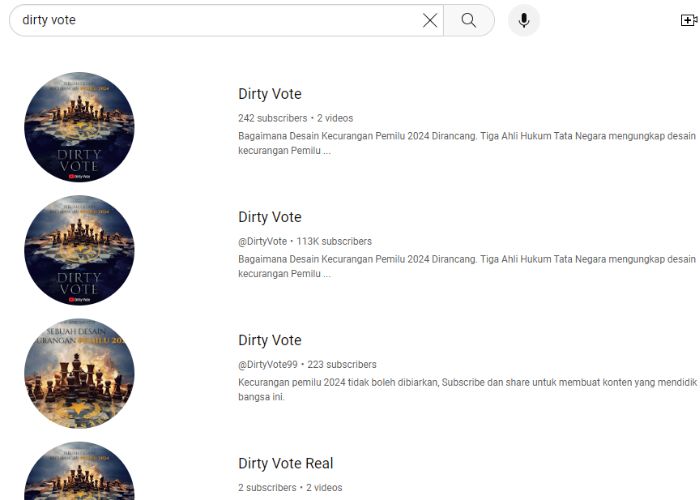 Bermunculan Akun Tiru Nama Dirty Vote di Youtube