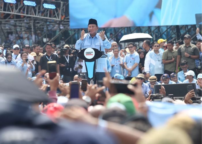 Capres Prabowo Subianto Memberikan Pidato di Stadion Utama Gelora Bung Karno, Jakarta, Sabtu (10/02/2024).