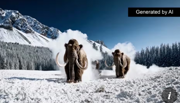 Tangkapan layar dari video mamut berbulu yang dibuat oleh AI. Sumber Foto: OpenAI/ The Guardian