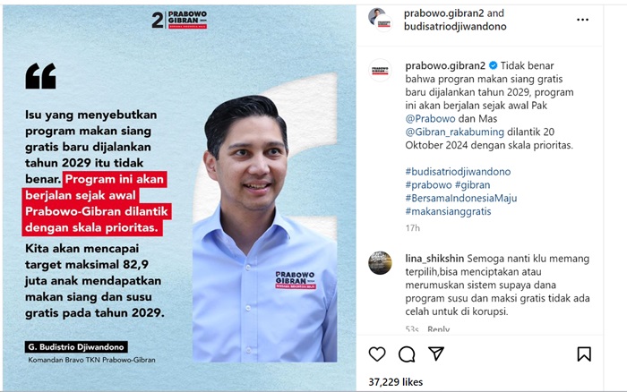 Komandan Tim Komunikasi Tim Kampanye Nasional (TKN) Prabowo-Gibran, Budisatrio Djiwandono mengklarifikasi kesalahan informasi terkait program Makan Siang Gratis. (Instagram @prabowo.gibran2)