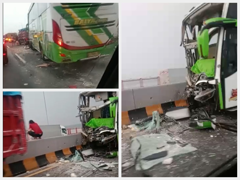 Kecelakaan di Jembatan Suramadu Hari Ini: Penyebab, Kondisi Bus Ringsek. (Kolase: RadarBangkalan.id)