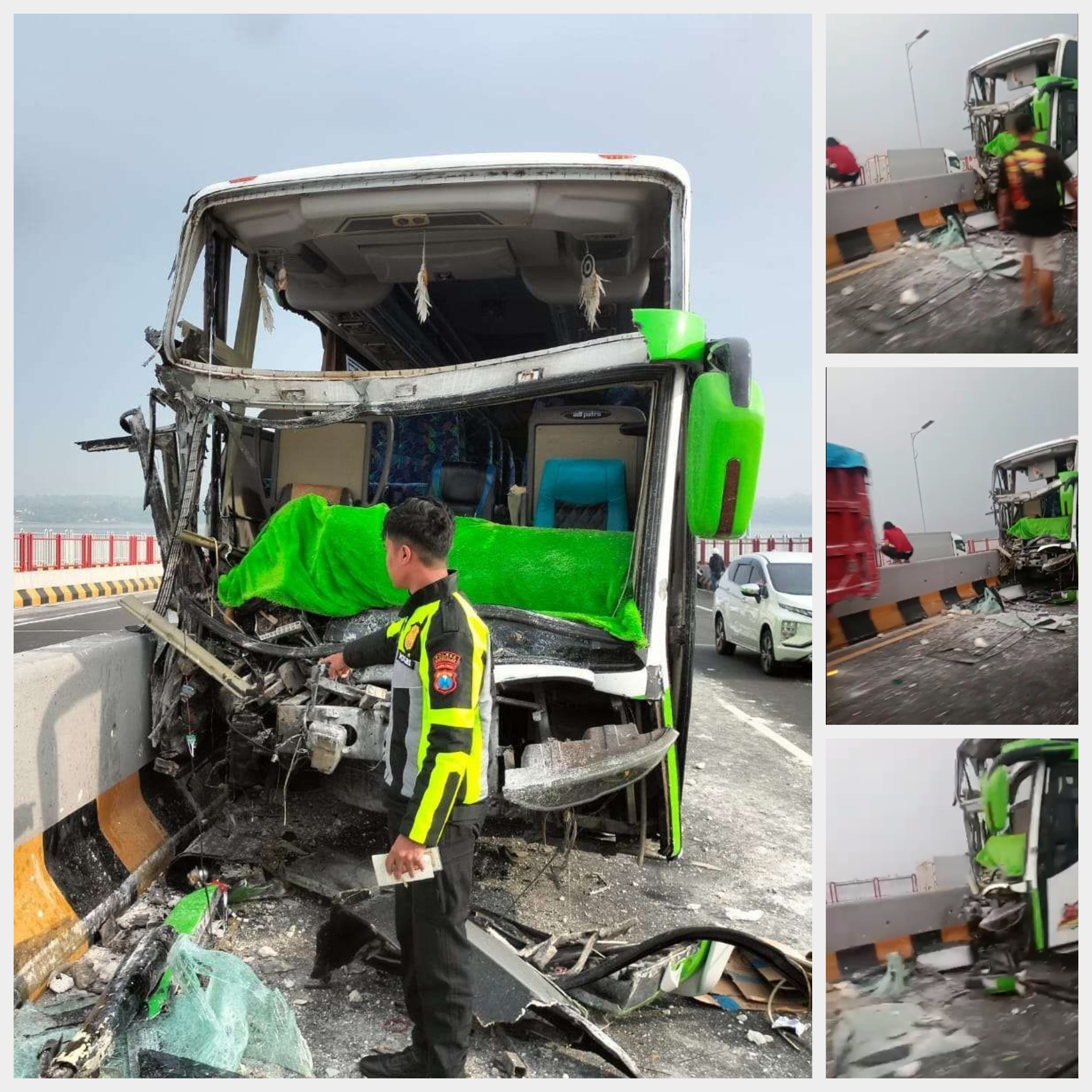 Kecelakaan di Suramadu: Video, Kanit Laka Polres Bangkalan Ungkap Kronologi Bus Tabrak Truk dan Sopir Bus Meninggal. (Kolase: RadarBangkalan.id / Tim Laka Lantas Polres Bangkalan)