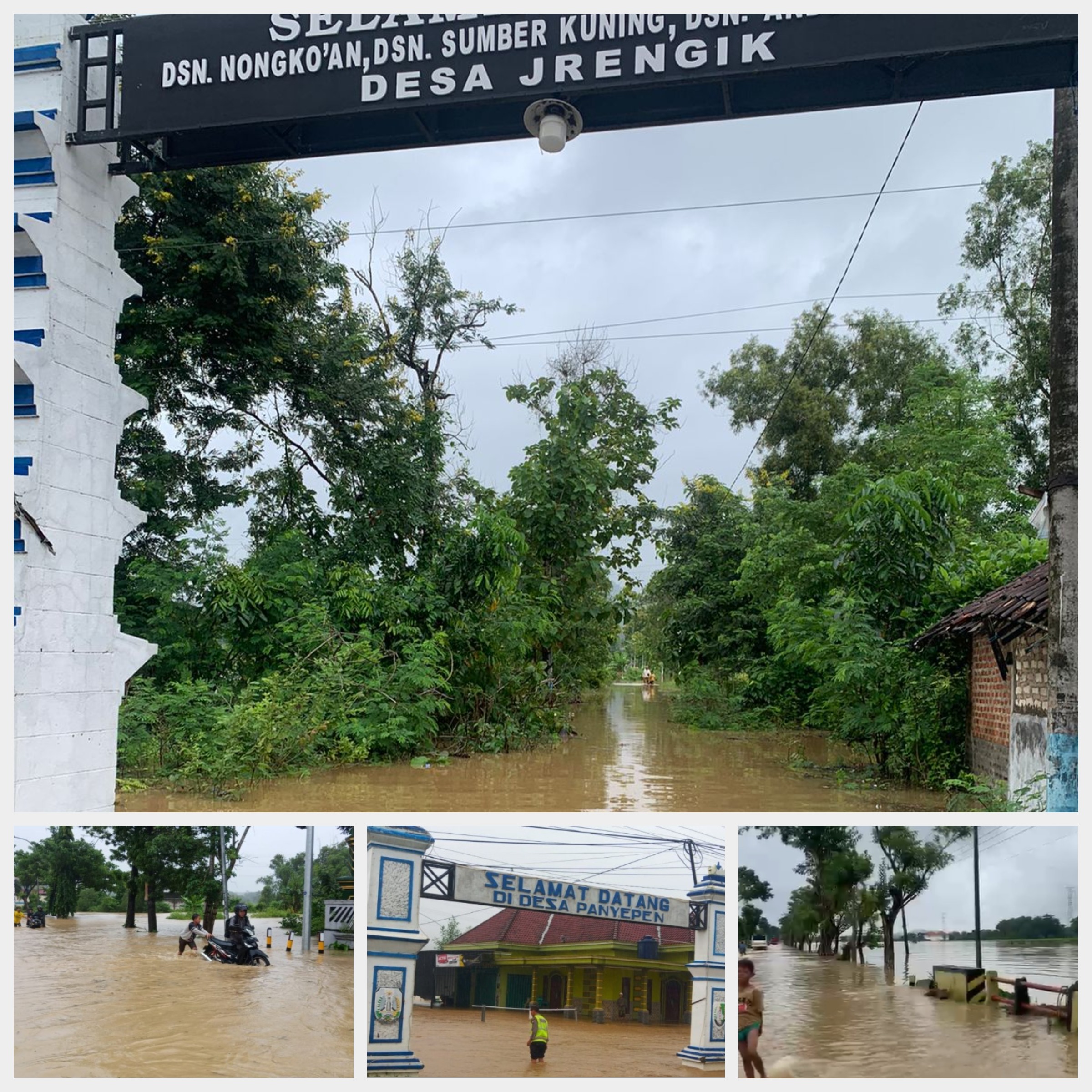 Banjir Besar Melanda Jalan Raya Panyepen Kecamatan Jrengik Kabupaten Sampang. (Kolase RadarBangkalan.id / Video Amatir Warga by WhatsApp)