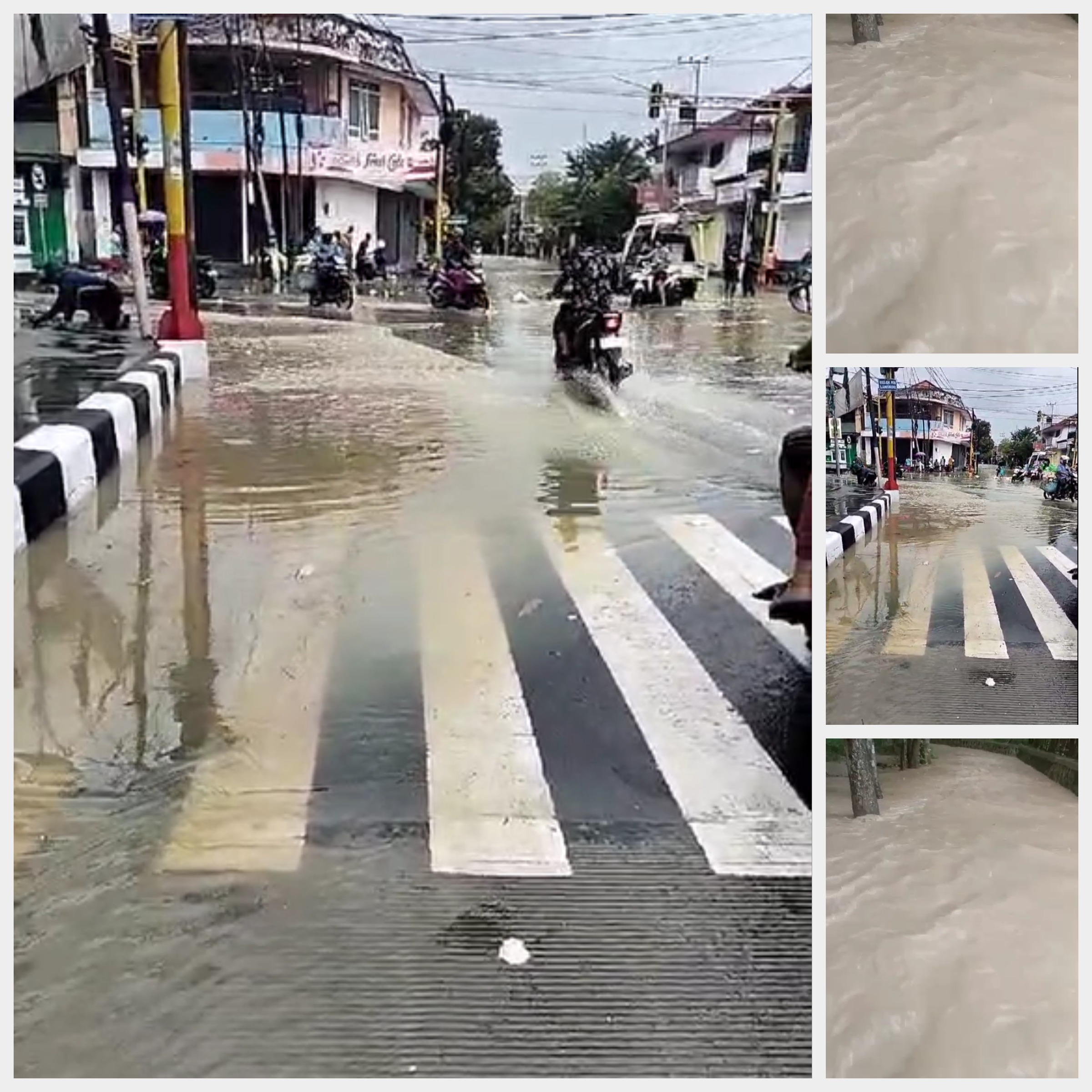 Kondisi Banjir Sampang masih Diguyur Hujan, Banjir Mulai Mendatangi Wilayah Kota Kab. Sampang. (Kolase RadarBangkalan.id)