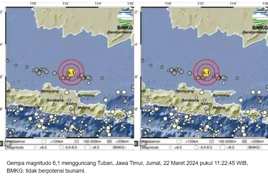 Gempa magnitudo 6,1 mengguncang Tuban, Jawa Timur, Jumat, 22 Maret 2024 pukul 112245 WIB, BMKG tidak berpotensi tsunami.