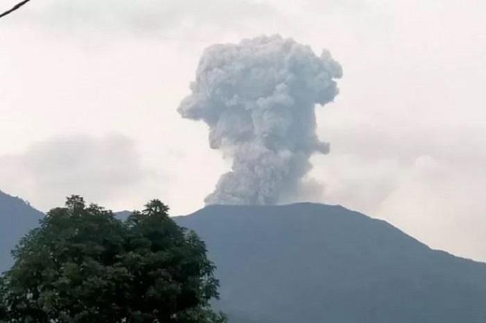 Erupsi Gunung Marapi pada Sabtu (10/2) dengan ketinggian abu vulkanik 700 meter teramati dari Desa Cumantiang Bukit Batabuah, Kabupaten Agam, Sumatera Barat. (Antara)