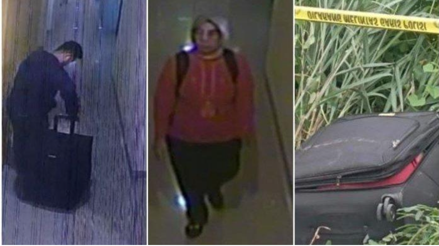 Pelaku AARN saat membawa koper berisi mayat wanita di Hotel Bandung Rabu (24/4/2024). Korban RA saat berada di lorong hotel sebelum dihabisi AARN (tenga), dan koper berisi mayat wanita di Cikarang, Be