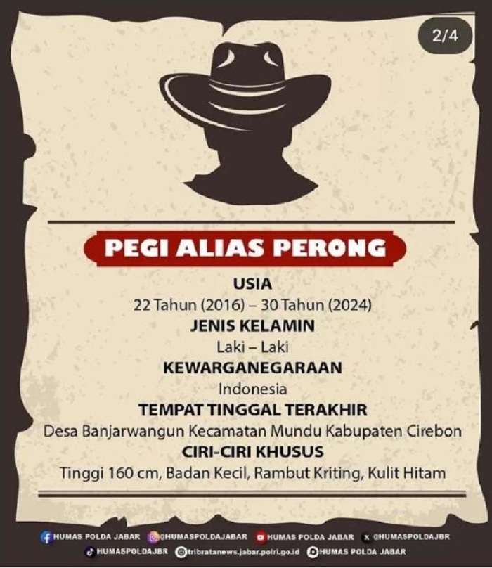Polda Jabar merilis tiga pelaku pembunuhan terhadap Vina Cirebon yang masih buron. (Instagram @humaspoldajabar)