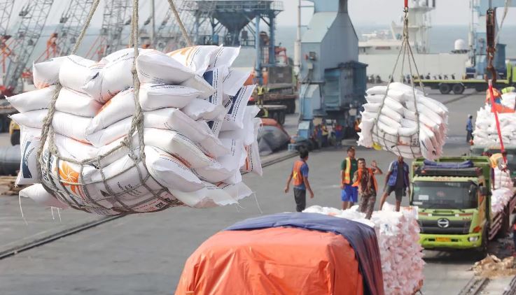 Pekerja melakukan proses pembongkaran kapal beras impor yang baru sandar di Pelabuhan Tanjung Priok, Jakarta Utara pada Kamis (12/10/2023). (FEDRIK TARIGAN/ JAWA POS)