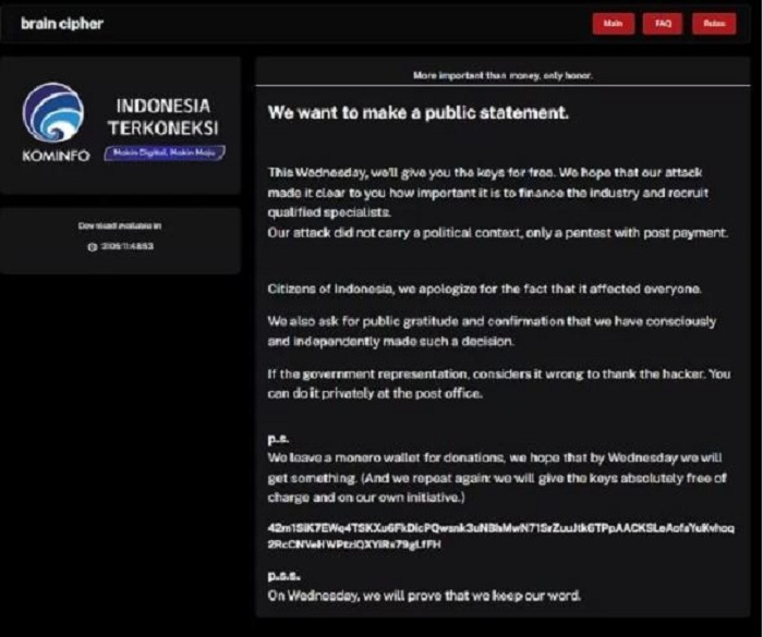 Tangkapan layar terkait rencana kelompok Brain Cipher akan memberikan kunci deskripsi untuk membuka data PDN secara gratis ke pemerintah Indonesia.(X/@stealthmole_int)