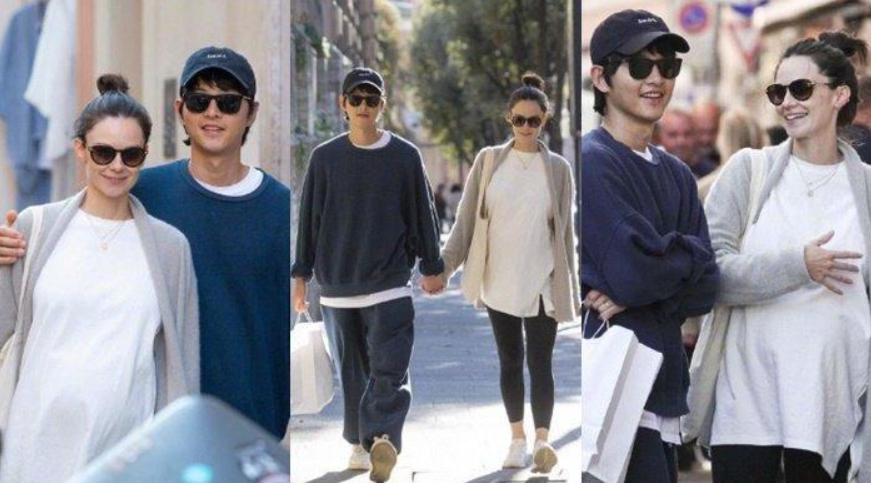 Potret baby bump Katy Louise Saunders yang terlihat ceria saat kencan dengan Song Joong Ki di Roma, Italia