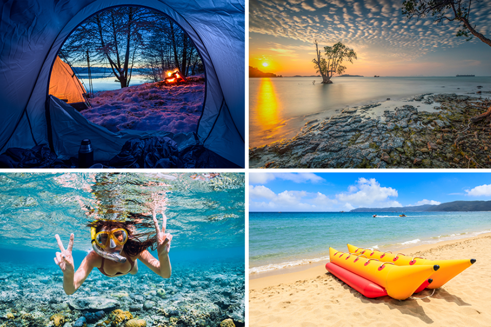 Snorkeling, bermain banana boat, hingga camping di pinggir Pantai Tanjung Pinggir (Shaiit &ndash; Shutterstock)(Edyvh &ndash; Shutterstock)(Wonderful Nature &ndash; Shutterstock)(ABCD Stock &ndash; Shutterstock)