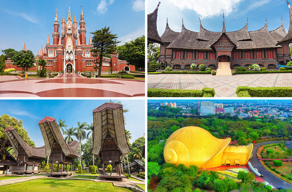 Istana Anak-anak Indonesia, Rumah-rumah Adat, dan Teater Keong Mas di TMII (Gambar darisaiko3p dan Jaifmanda Kaelsyada Kaban &ndash; www.shutterstock.com)