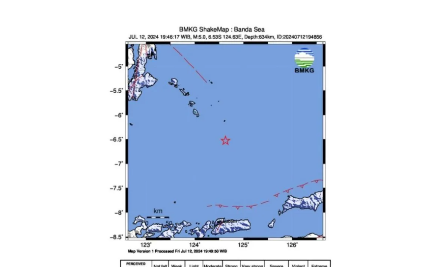 Peta pusat gempa bumi yang terletak di laut pada kedalaman 634 kilometer dengan koordinat 6.53 LS,124.63 BT atau berjarak 176 kilometer dari arah Tenggara Wakatobi, Sukawesi Tenggara, Jumat 12/7/2024