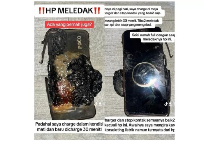 Smartphone Poco meledak dan terbakar saat sedang dicas viral di X. (Istimewa)