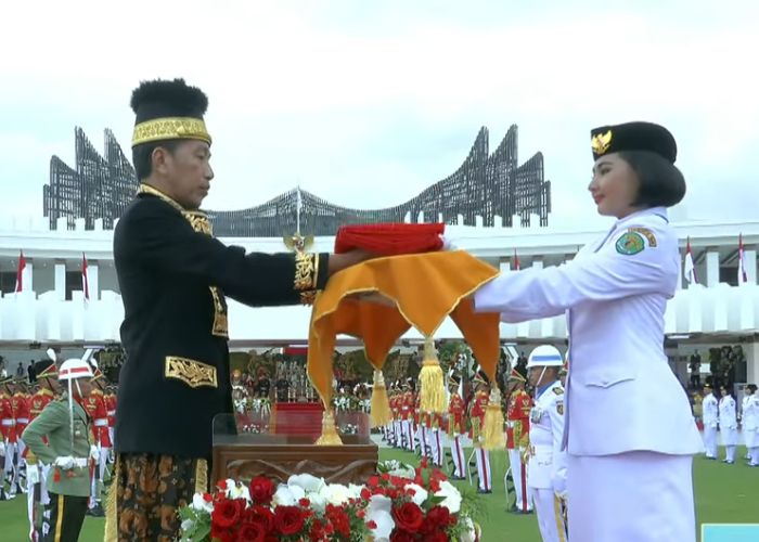 Presiden Joko Widodo saat upacara peringatan HUT ke-79 RI di halaman Istana Negara Ibu Kota Negara (IKN) Nusantara.