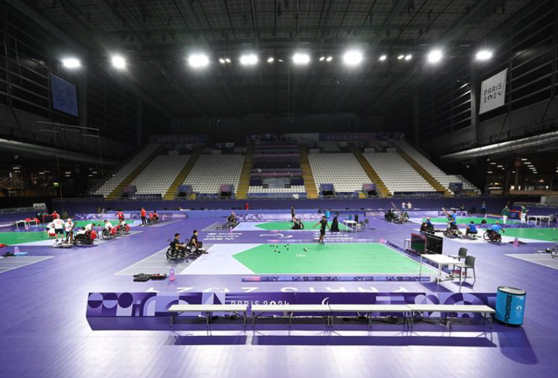 Suasana latihan resmi cabang olahraga Boccia Paralimpiade Paris 2024 di Paris South Arena, Paris, Perancis, Senin (26082024). Indonesia berhasil meloloskan empat atlet untuk tampil di Paralimpiade