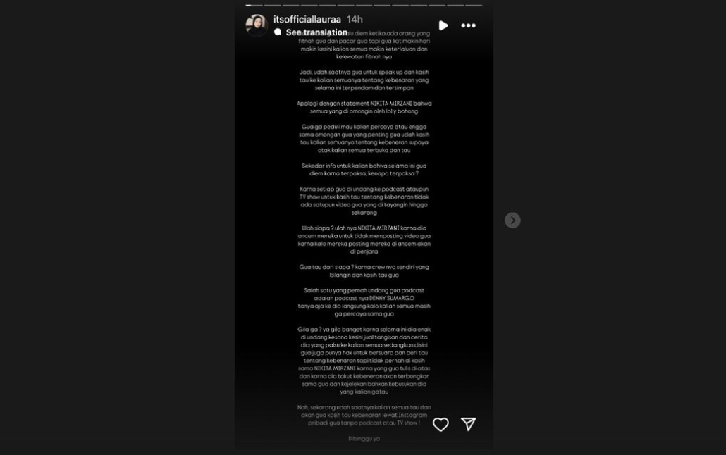 Laura Meizani alias Lolly buka suara setelah ibundanya, Nikita Mirzani, melaporkan Vadel Badjideh ke polisi dengan dugaan terkait tindak pidana aborsi. (Screenshot dari Instagram @itsofficiallauraa )