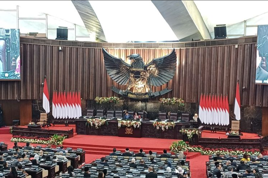 Suasana ruang rapat paripurna MPR RI di Kompleks Parlemen, Jakarta, Kamis (3/10/2024).(KOMPAS.com/Rahel)