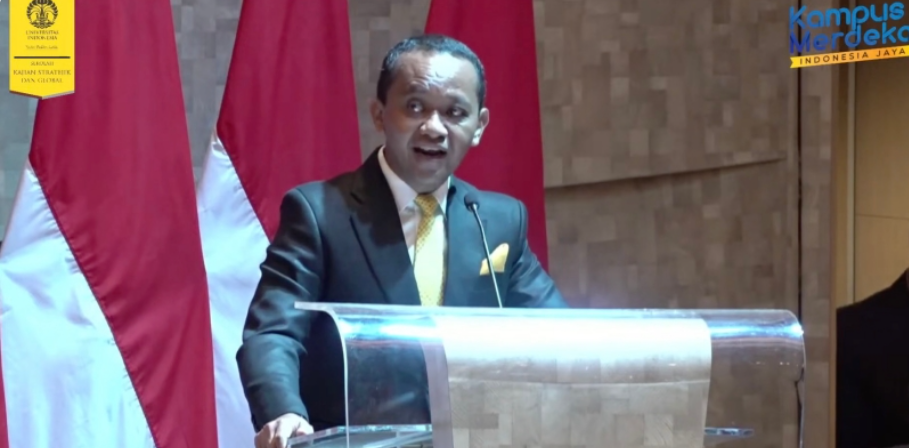 Bahlil Lahadalia saat berpidato di Sekolah Kajian Stratejik dan Global UI/Repro