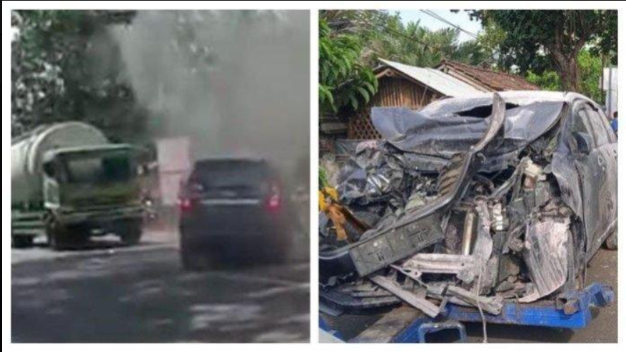 Mobil Luqman Haiti, kakak mantan Kapolri Badrodin Haiti sempat mengeluarkan asap tebal usai menabrak truk semen di Jalan Nasional Jember-Lumajang, masuk Desa Pecoro, Kecamatan Rambipuji, Jember.