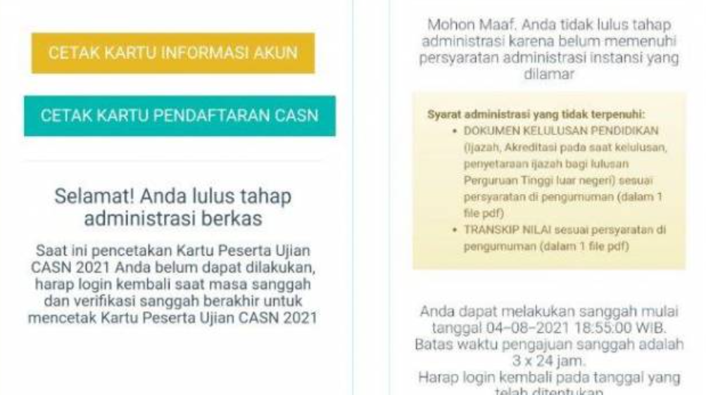 Contoh tanda lolos dan tidak lolos seleksi administrasi CPNS atau PPPK berdasarkan rekrutmen tahun 2021 (Sumber: Tribunnews)